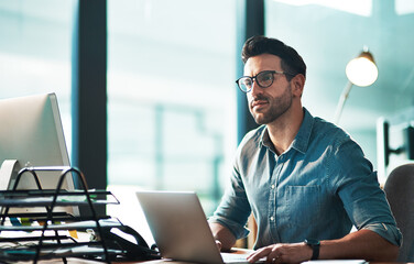 Business man, thinking and laptop in office for innovation on technology in startup company. Male employee daydream at computer for inspiration, future ideas and planning goals of vision in mindset