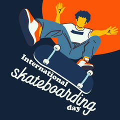 Poster International Skateboarding Day. A guy with a skateboard performs a jump on a blue background. Skateboard tricks, skating, jumping. Banner with bright people for the holiday on June 21