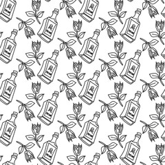 The pattern of the elements of the theme of the weekend in the contour style. Monochrome contoured poison bottle and rose. Black and white background with Halloween elements Printing on textiles,paper