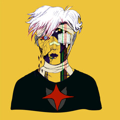 stylized character portrait in vector.illustration for avatar design.detailed isolated portrait of a guy with wounds on his face. people in anime style, cyberpunk, cartoon. 