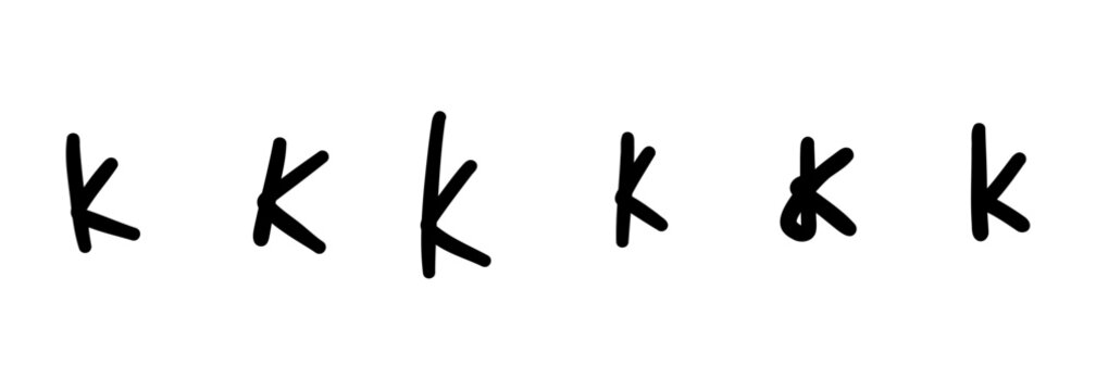 Handwritten simple black english latin K alphabet letter symbol. Vector illustration in hand drawn cartoon doodle style isolated on white background. For kids book, decorating, logo, learning, card.