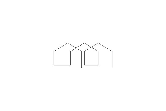 One continuous line. Linear . Minimalist home design. Geometric building logo. Modern city house. One continuous line drawn isolated, white background.