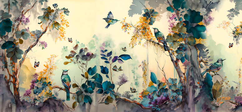 Digital watercolor painting, high quality, of a forest landscape with birds, butterflies and trees, in bright colors and in a consistent style 2  - AI generative