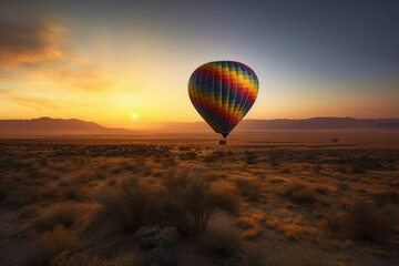 Fototapeta na wymiar Hot air balloon over desert landscape at sunset - Generative AI