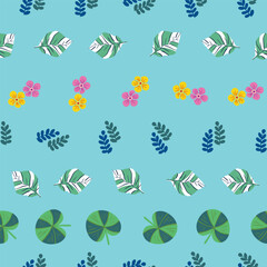 Tropic leaves and flowers repeat pattern on blue