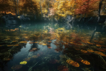 Fototapeta na wymiar Serene lake reflecting autumn forest with fallen leaves - Generative AI