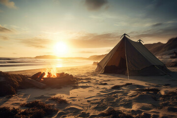 Fototapeta na wymiar Tent on sandy beach with sunrise and bonfire - Generative AI