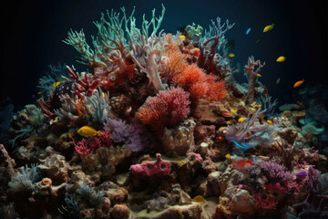 Fototapeta na wymiar Colorful coral reef teeming with tropical fish and other marine life. - Generative AI