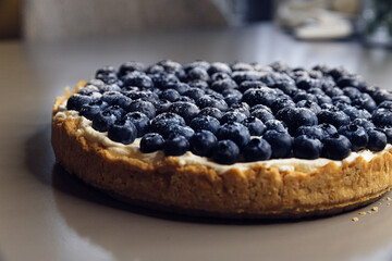 Cheesecake pie with blueberries. Cooking for every day. Desserts for children. Round pie on gray table background.
