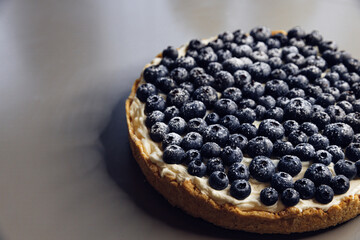 Cheesecake pie with blueberries. Cooking for every day. Desserts for children. Round pie on gray table background.