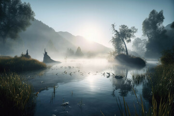 Fototapeta na wymiar A peaceful and tranquil lake at sunrise with mist rising from the water. - Generative AI