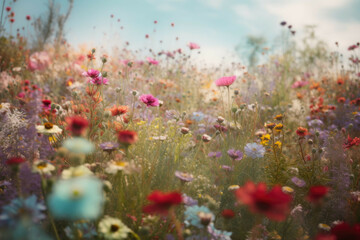 Obraz na płótnie Canvas Vibrant pastel-toned field of blooming flowers - Generative AI