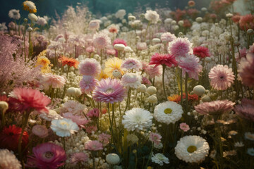 Fototapeta na wymiar Lush pastel-toned garden of blooming flowers - Generative AI