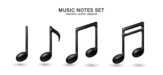Black music notes collection isolated on transparent background. Vector 3d realistic icon.