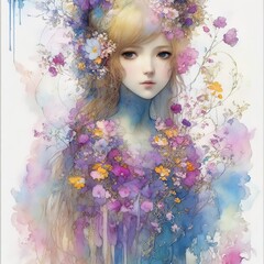 Multiracial portrait of pretty sweet woman girl with colorful flowers around, watercolor art, abstract beauty.
