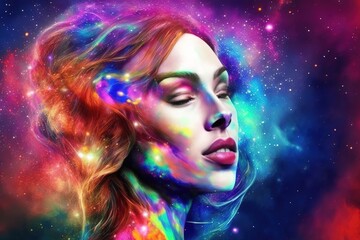 Woman portrait with colorful nebula. astral body. Surrounded by the wonders of the galaxy Esoteric and spiritual life concept. generative AI.