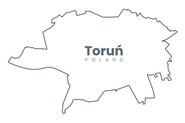 Map of Toruń, a city in north-central Poland and a UNESCO World Heritage Site - Urban borders map with streets and Vistula River.