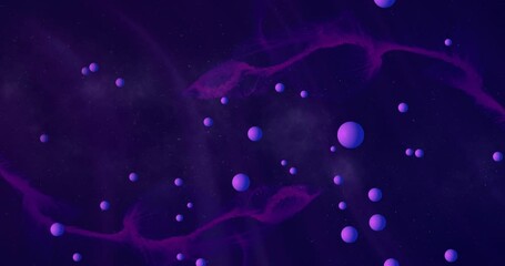 Animation of purple balls moving over purple smoke trails background - Powered by Adobe