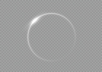Light circle white swirl. Curved white line light effect. Darkening of the moon. Flash vector semicircle and spark light effect. Glowing white speed circle portal on the road. Podium, radial platform.