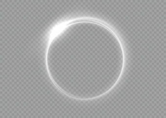 Light circle white swirl. Curved white line light effect. Darkening of the moon. Flash vector semicircle and spark light effect. Glowing white speed circle portal on the road. Podium, radial platform.