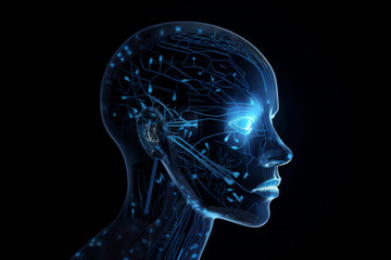 Obraz premium Neural network of big data and artificial intelligence circuit board in the head of a blue human female outlining concepts of a digital brain, computer Generative AI stock illustration image