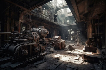 Fototapeta na wymiar Creepy abandoned factory with broken machinery - Generative AI
