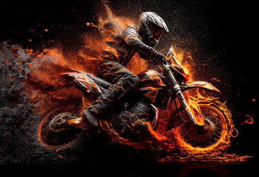 Watercolour abstract painting of an off-road motorcycle and rider where the motorbike is driving through fire and flames at an extreme sport event, computer Generative AI stock illustration image
