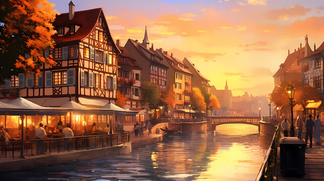 Illustration of traditional colorful half-timbered houses and a river in an old European town