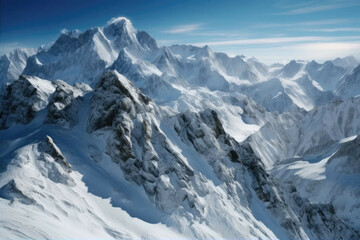 Fototapeta na wymiar A snow-covered mountain range with a clear blue sky. - Generative AI