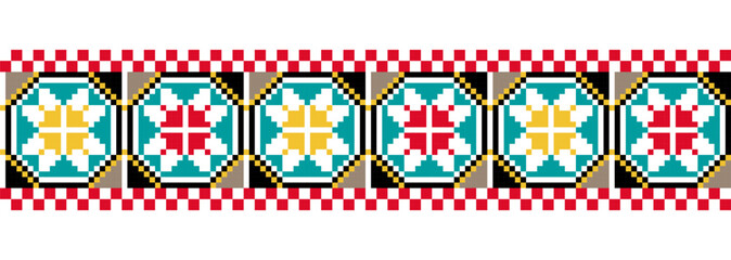 Ukrainian vyshyvanka geometric vector ornament, border, pattern. Ukrainian colorful vyshyvanka embroidery. Pixel art, cross stitch