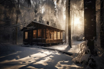Fototapeta na wymiar Cozy wooden cabin in a snowy forest. - Generative AI