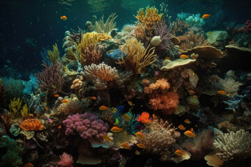 Fototapeta na wymiar Colorful coral reef teeming with tropical fish and other marine life. - Generative AI