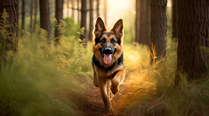 German shepherd runs through a forest, majestic portrait - Generative AI