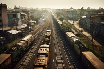 Fototapeta na wymiar Cargo train passing through a city. - Generative AI