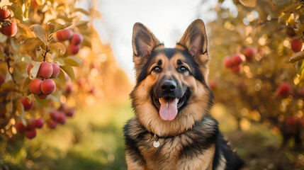German shepherd by apple trees, majestic portrait - Generative AI