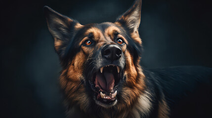 Angry German shepherd dog on dark background, majestic portrait, aggressive dog - Generative AI