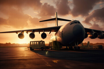 Naklejka na ściany i meble Cargo plane parked on runway at sunset - Generative AI