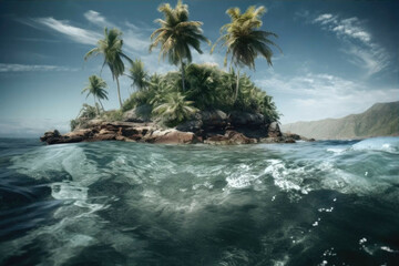 Fototapeta na wymiar A tranquil tropical island with crystal clear water and a palm tree. - Generative AI