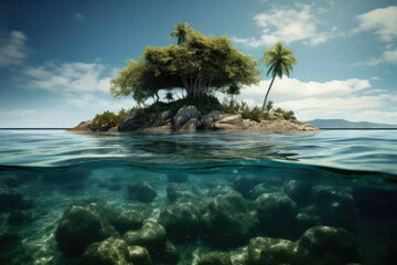 Fototapeta na wymiar A tranquil tropical island with crystal clear water and a palm tree. - Generative AI