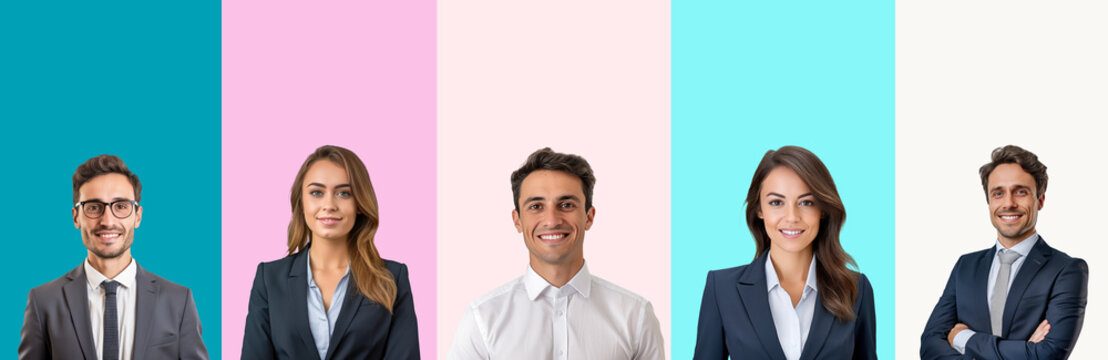 Various business people showing positive emotions on colorful backgrounds, set, men and women smiling generative ai