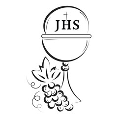 Jesus And The Eucharist illustration. Eucharist in Chalice with Grapes and Wheat for print or use as poster, card, flyer or T Shirt