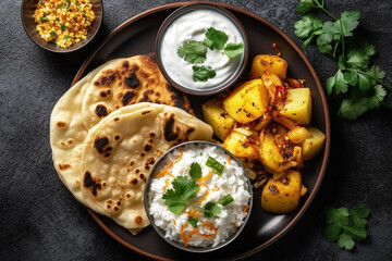 Flat lay Vegetarian Indian food, White rice, dipping sauce, Naan roti and Aloo Gobi. Generative AI