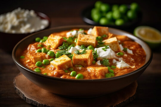 Close up of a bowl of matar paneer, Indian vegetarian food. Generative AI