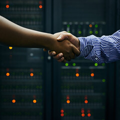 Handshake, partnership or people in server room of data center worker for network help with IT...