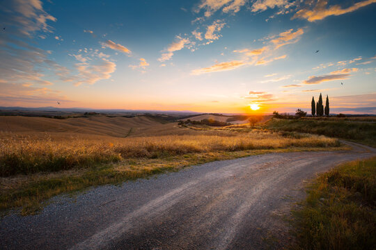 Beautiful and miraculous colors of Italy golden summer; panorama countryside; Sunset landscape