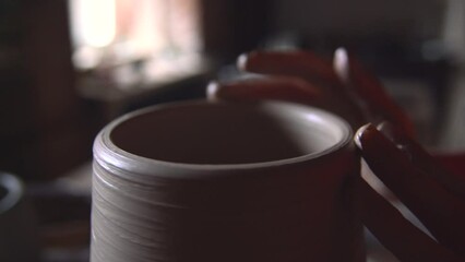 Macro or close up shot of female hands sculpting a clay pot on rotating pottery wheel. Concept of handcraft therapy, ceramics and creativity. Woman creating a pice of kitchenware.