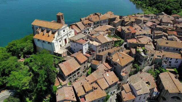 Scenic lake Lago di Bracciano, aerial view of scenic village Anguillara Sabazia. Popular for short trips from Rome. Lazio region
