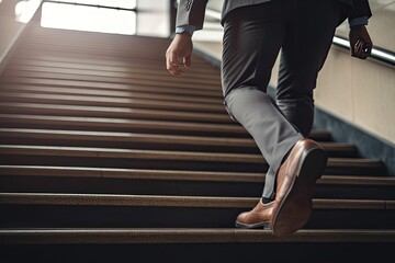 Close up young businessman feet sprinting up stairs office middle image