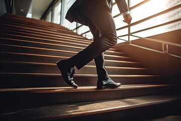 Close up young businessman feet sprinting up stairs office middle image