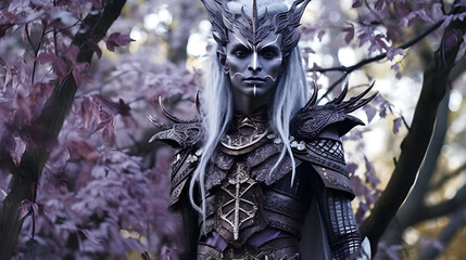 Naklejka premium A majestic dark elf stands in a moonlit forest, surrounded by towering trees with twisted branches made with Generative AI